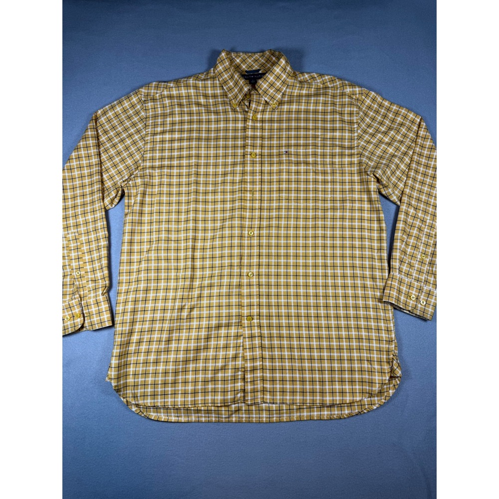 Tommy Hilfiger Mens Button Down Shirt XL Yellow Plaid Cotton Long Sleeve Pocket